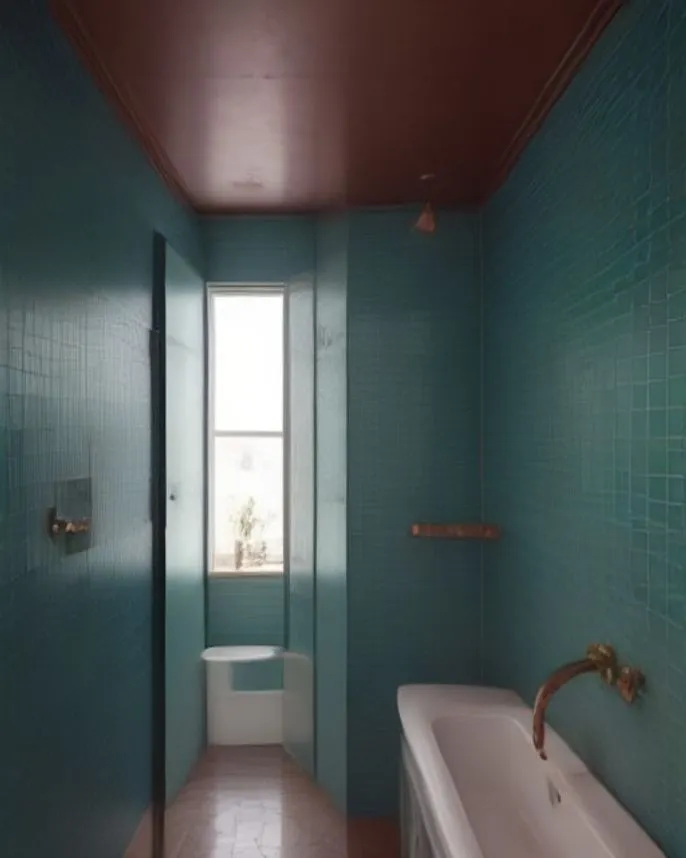 Salle de bain rénovée à Nice, carrelage bleu et robinetterie cuivre